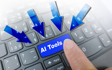AI tools key on a violet keyboard. Finger pressing key