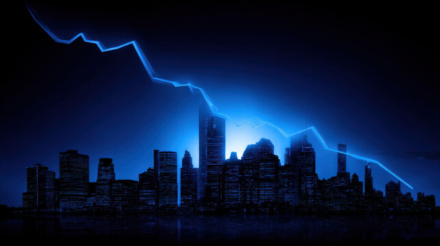 blue downward trend line overshadowing faint city skyline silhouette economic recession visualization illustration concept scene visual for commercial design use high detail quality stock image - Powered by Adobe