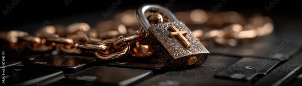 Poster enhanced cybersecurity, padlock securing keyboard symbolizing data protection and online privacy