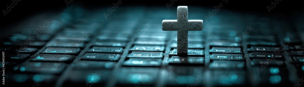 Poster symbolism of faith and technology, a cross on computer keyboard representing the intersection of rel