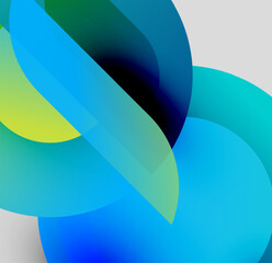 Abstract fluid shapes overlap. Vibrant blues, greens, yellows create dynamic composition. Soft gradients suggest movement, depth.