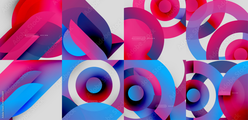 Poster abstract colorful designs feature overlapping circles, gradients, dynamic shapes. modern backgrounds