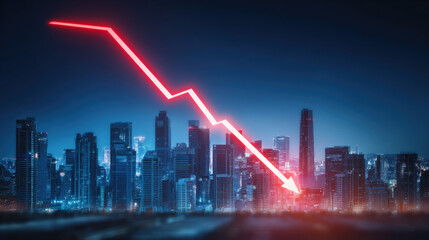 blue downward trend line overshadowing faint city skyline silhouette economic recession visualization illustration concept scene visual for commercial design use high detail quality stock image