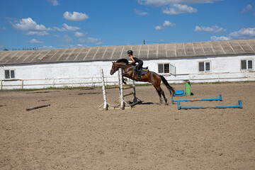 Action photograph of a woman equestrian jumping a horse over an obstacle in a paddock; a dynamic...