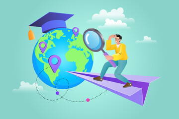 A concept of global education and studying abroad, with a student on a paper airplane using a magnifying glass to research and choose a university for his graduation.