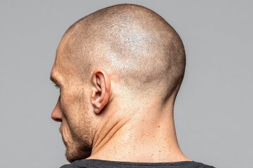 Naklejka premium Studio shot of adult man with shaved head and neck, seen from behind, against gray background