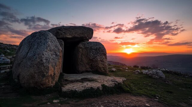 the stone tomb of jesus christ at sunrise