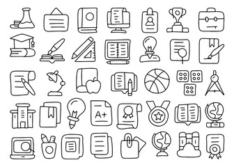 Education doodle icons set, hand drawn school line icons, learning, study, book, computer, graduation, award, creative sketch, outline vector illustration isolated on white background