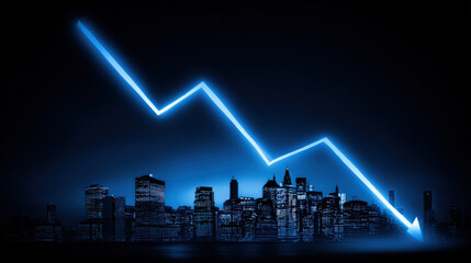 blue downward trend line overshadowing faint city skyline silhouette economic recession visualization illustration concept scene visual for commercial design use high detail quality stock image