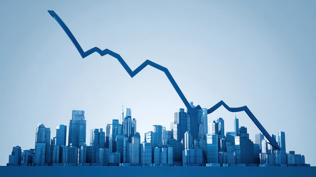 blue downward trend line overshadowing faint city skyline silhouette economic recession visualization illustration concept scene visual for commercial design use high detail quality stock image - Powered by Adobe