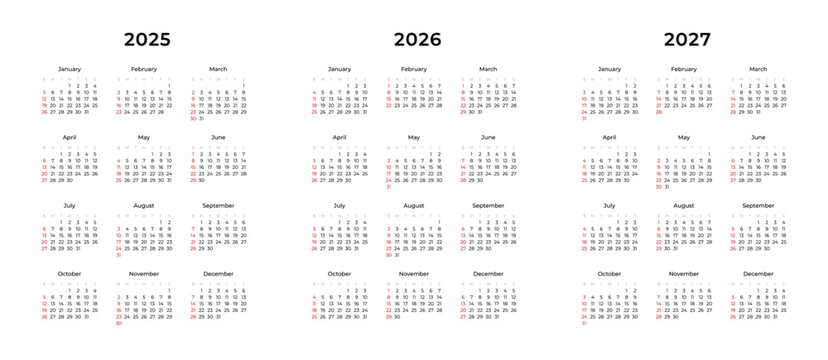 Vertical annual calendar template for 2025, 2026 and 2027 year isolated on a transparent background. Week Starts on SUNDAY. Business calendar in a minimalist style for 2025, 2026 and 2027 year. Vector