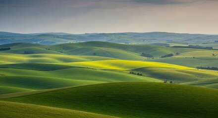 Obraz premium Lush Green Rolling Hills Under Overcast Sky in Countryside Landscape