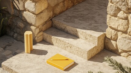 Sunny stone steps with a yellow book and pencil