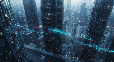 Futuristic Cityscape with Digital Financial Data Overlay on Modern Skyscrapers