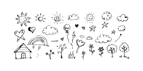 Whimsical Hand Drawn Nature Elements doodles black