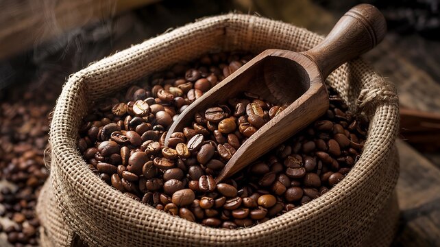 Macro shot of roasted coffee beans in a burlap sack with a wooden scoop The rich tones and texture make it ideal for coffee branding and packaging