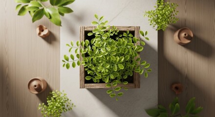 Fototapeta premium Green Potted Plant on Wooden Table with Small Decorative Vases in Natural Light