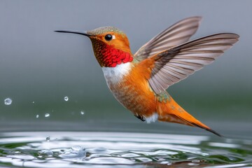 Fototapeta premium Rufous hummingbird hovering over water with spread wings