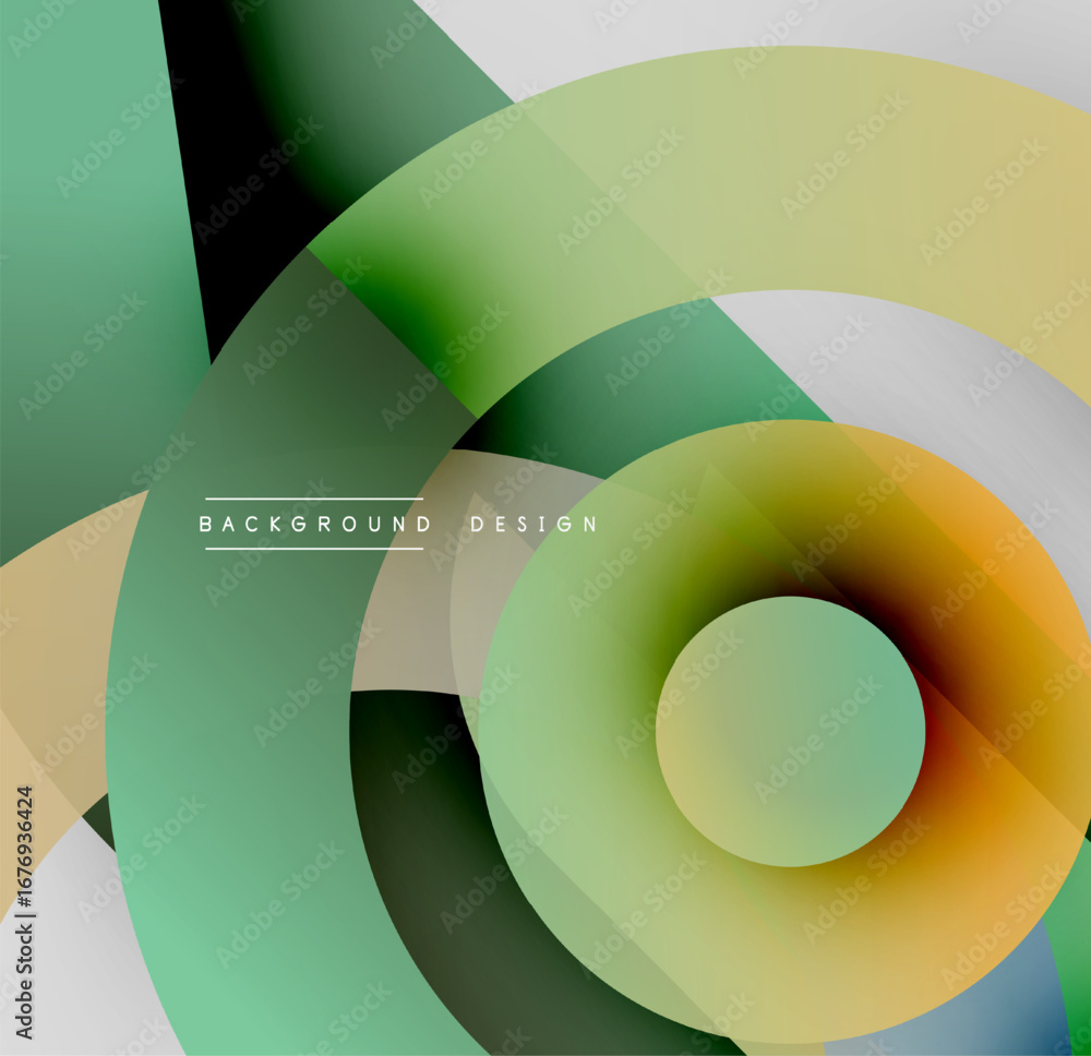 Poster abstract layers overlap, creating dynamic visual effect. soft gradients blend green, yellow, orange 