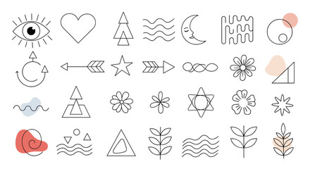 Fototapeta premium Collection of abstract geometric shapes and symbols representing nature and spirituality in modern line art style