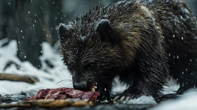In a winter wonderland, a wolverine prowls through falling snow, eyes locked on a fresh catch. The fierce predator shows its raw strength and survival instincts amid natures quiet majesty.