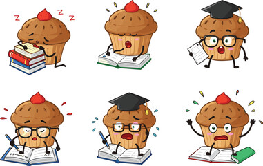 Cute cupcake student characters studying, reading, stressed, writing exams, sleeping on books, education emotion icons, graduation, cartoon concept