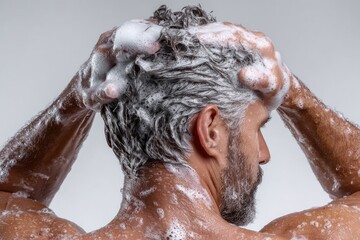 Naklejka premium Mature man lathering his gray hair with shampoo, enjoying a refreshing shower routine