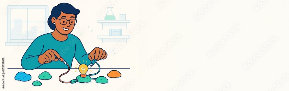 Poster person experimenting with electricity using colorful clay in a laboratory with copyspace on light ba