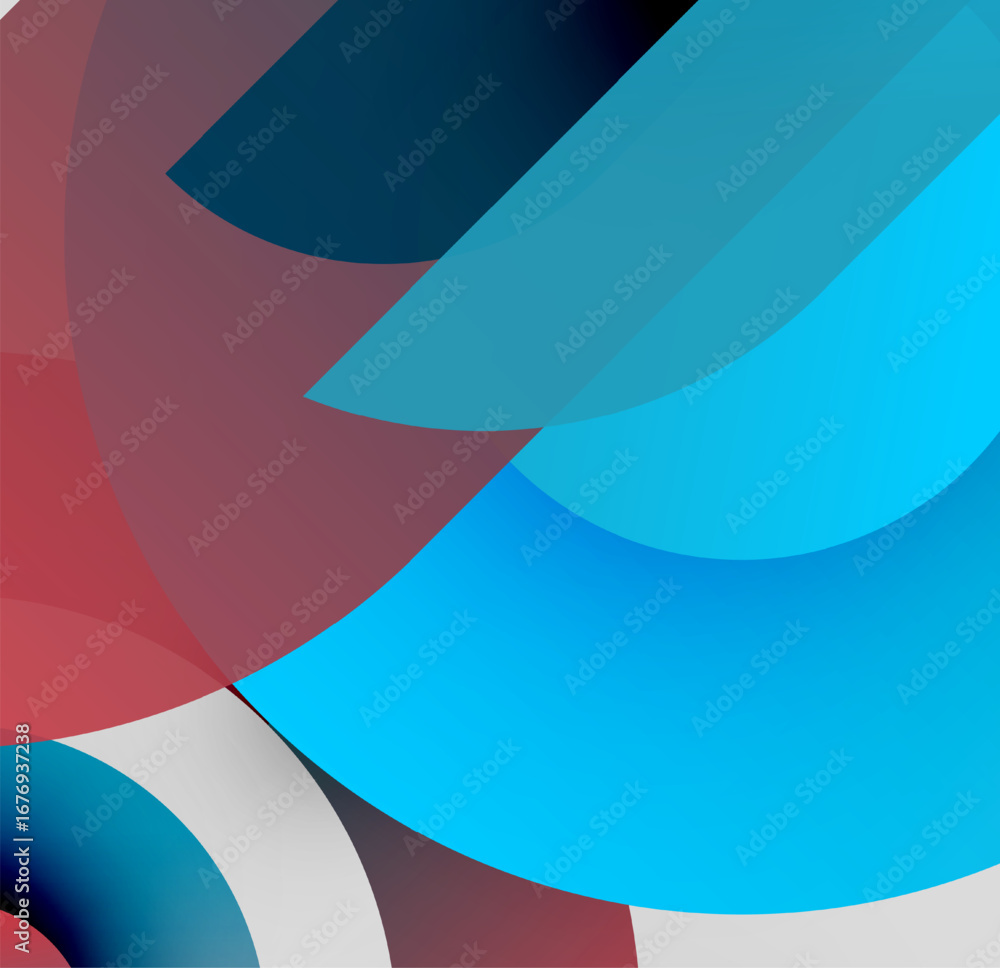 Poster abstract shapes overlap, creating vibrant color gradients. blues, reds dominate composition. minimal