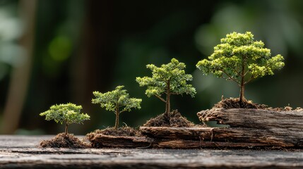 New life on fallen timber, small trees flourish on a decaying log in the forest resilient