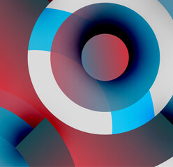 Fototapeta premium Abstract circles overlap, creating vibrant color blends. Red, blue, white dominate composition. Smooth gradients suggest depth, motion.