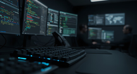 Cybersecurity control room with multiple monitors displaying code and data, focus on keyboard.