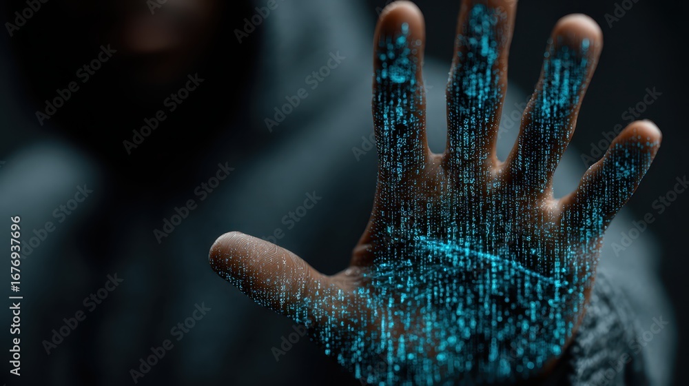 Poster human hand showcasing binary code, a visual representation of digital information in modern technolo