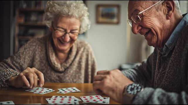 Gentle Moments: A heartwarming image of an elderly couple engrossed in a game of cards, laughing together in their cozy home.  Embracing togetherness and the joy of shared moments.