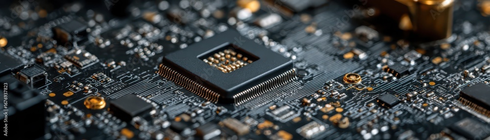 Poster intricate closeup of a computer chip, exploring the complexities of modern technology