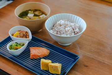 Japanese breakfast with salmon
