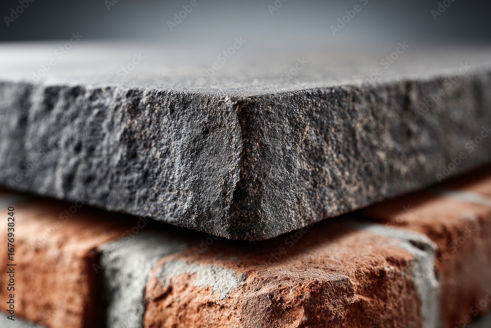 Poster Dark stone slab with rough texture placed on a wall made of rustic bricks, creating a contrast in materials and textures