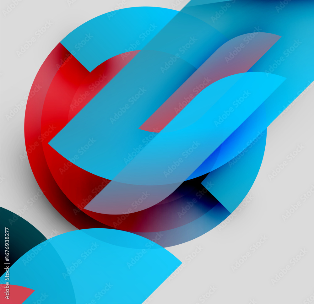 Poster abstract composition. overlapping shapes, vibrant blues, reds create dynamic visual effect. modern d