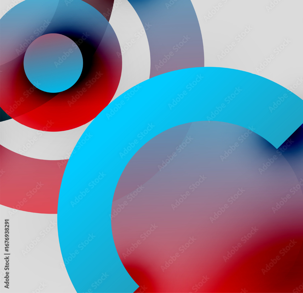 Poster abstract composition featuring overlapping circles. red, blue, white hues create dynamic visual effe