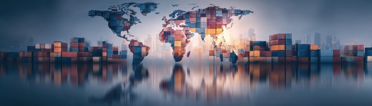Worldwide shipping and logistics network, stacked boxes on a world map illustrating global trade distribution