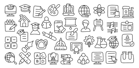 Education doodle icon set, hand drawn school line icons, science, math, music, art, learning, teaching, online study, graduation, creativity, outline vector illustration isolated on white background