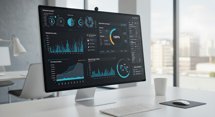 Modern office desk with computer displaying data analytics and business charts.