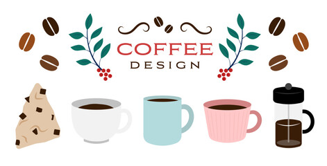 コーヒーとカップ・フレンチプレスのイラストセット（カフェ・ベクターデザイン）