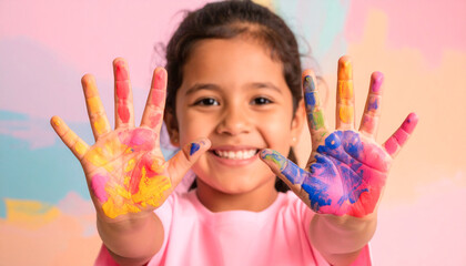Joyful Girl Showing Colorful Painted Hands Expressing Creativity and Happiness