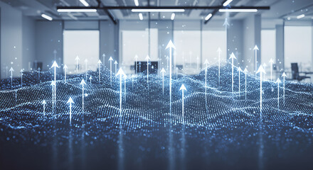 Digital Business Growth: Arrows Rising in Modern Office Environment