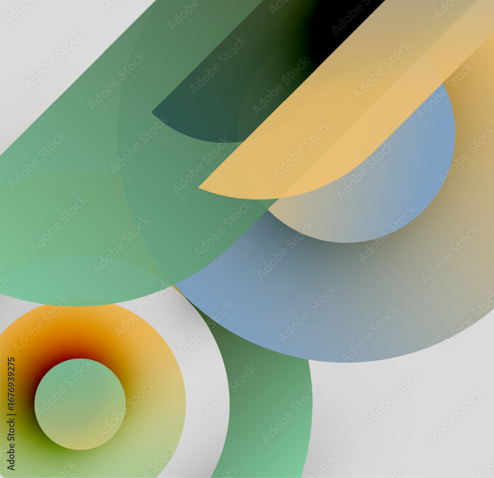 Poster abstract composition. overlapping circles, rectangles create soft gradients. colors include green, y