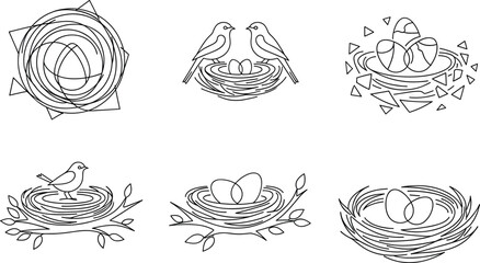 Bird nest vector set with eggs and birds, minimal line art illustrations for spring, nature, wildlife, and decorative designs.