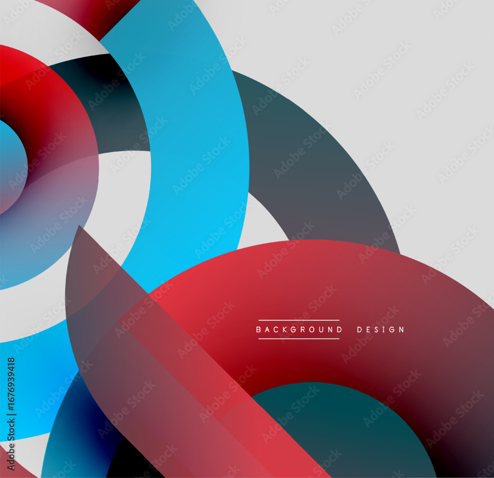 Poster abstract circles overlap, creating dynamic visual effect. red, blue, gray tones dominate composition