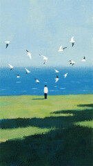 Fototapeta premium Minimalist landscape illustration of tiny silhouette figure with flock of white birds over calm water and grass field, serene and atmospheric scene