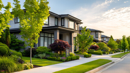 Modern houses with lush landscaping along a street bathed in golden light